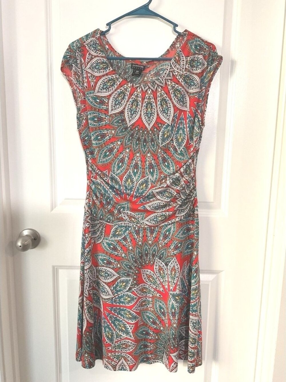 EN Focus Petite Women's 10P Orange Paisley Ruched Sheath Midi Dress 10